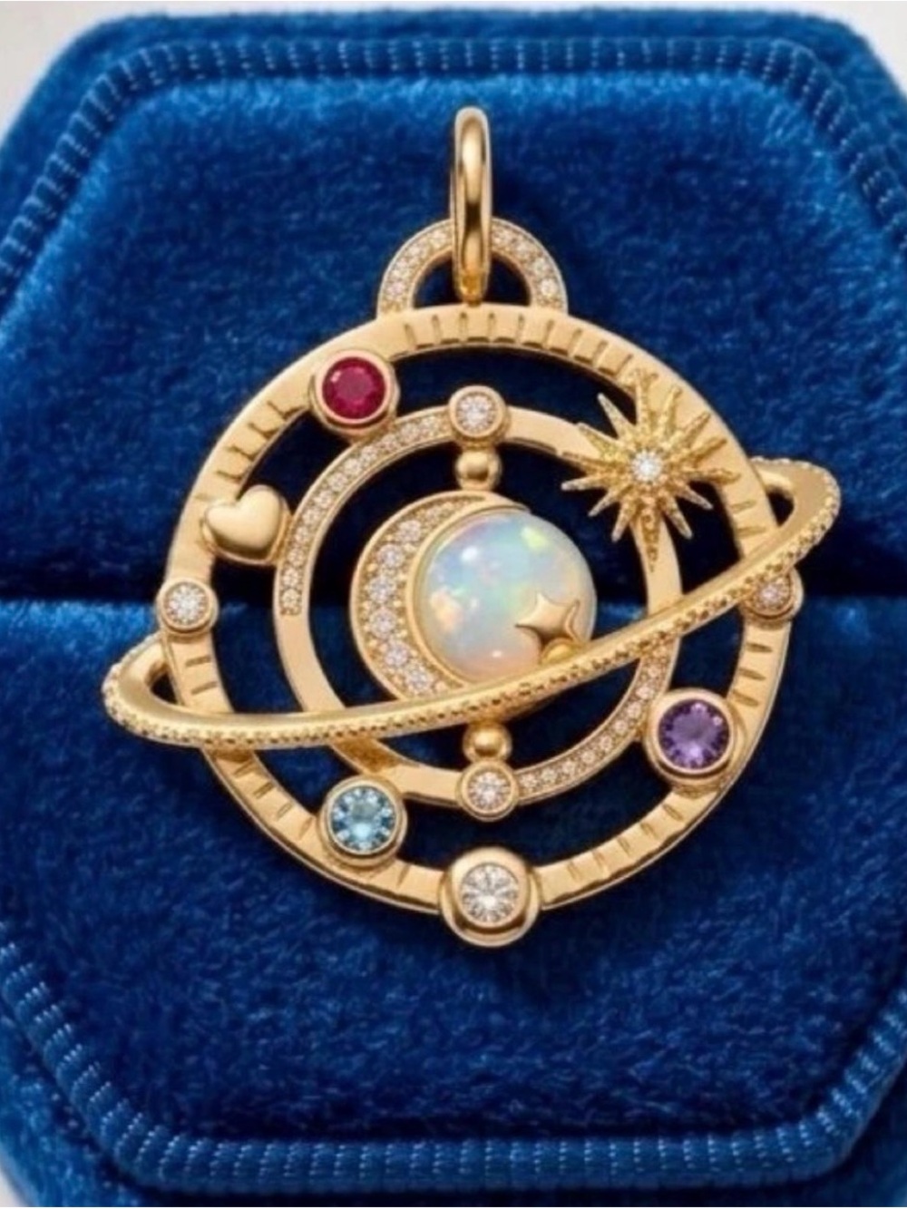 Gold-Tone Opal Celestial Pendant with Multicolor Gem Accents